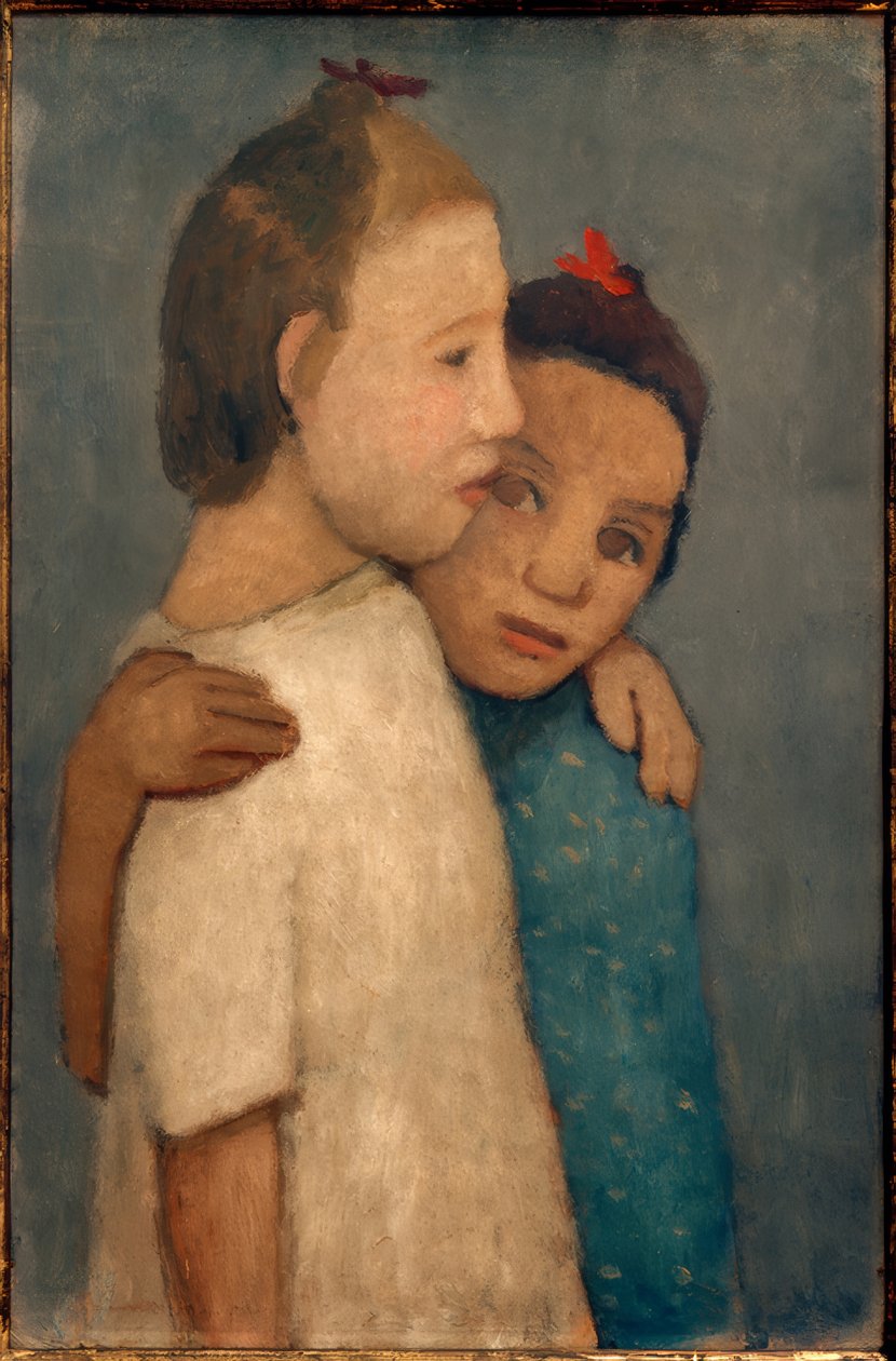 To jenter i hvite og blå kjoler holder om skuldrene av Paula Modersohn Becker