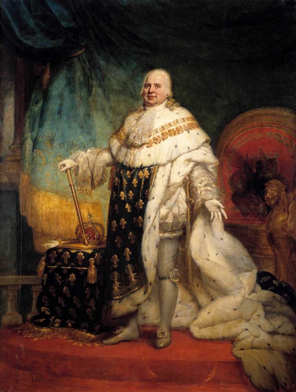 Full lengdeportrett av Louis XVIII (1755-1824) i kostyme av korresponderende maleri av Jean Baptiste Paulin-Guerin (Paulin Guerin) (1783-1855) 1824 Søn. 2,69 x 2,04 m - Portrett i full lengde av Ludvig XVIII (1755-1824) i kroningskapper. Maleri av Paulin G av Paulin Jean Baptiste Guerin
