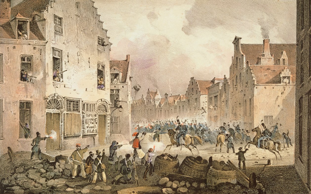 Kamp og barrikader i Rue de Flandre, Brussel, 23. september 1830, gravert av Dewasme-Pletinckx av Paulus Lauters