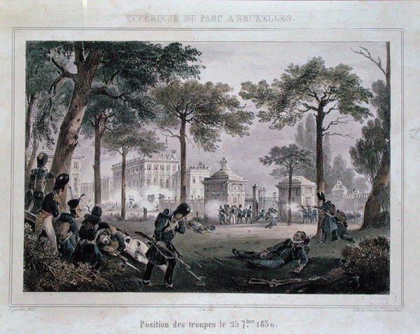 Tropper i Parc Royal, Brussel, 25. september 1830, gravert av Dewasme-Pletinckx (farge litho) av Paulus (after) Lauters