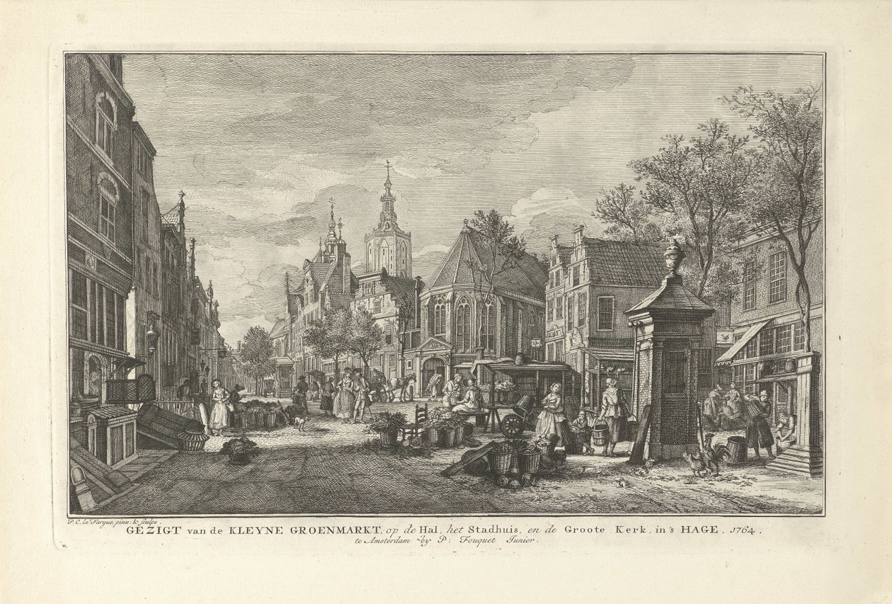 Utsikt over det daglige grønne markedet i Haag Utsikt over Kleyne Groenmarkt, på Hal, rådhuset og Groote Kerk, i Haag (tittel på objekt) Åtte ansikter i Haag (serietittel) av Paulus Constantijn la Fargue