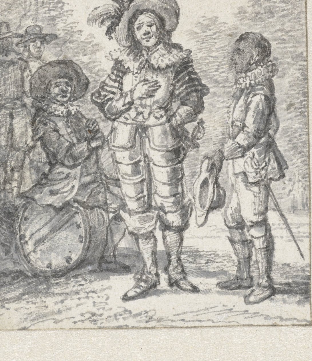 Design for en teatergruppeillustrasjon: to stående figurer og en sittende figur av Paulus Constantijn la Fargue