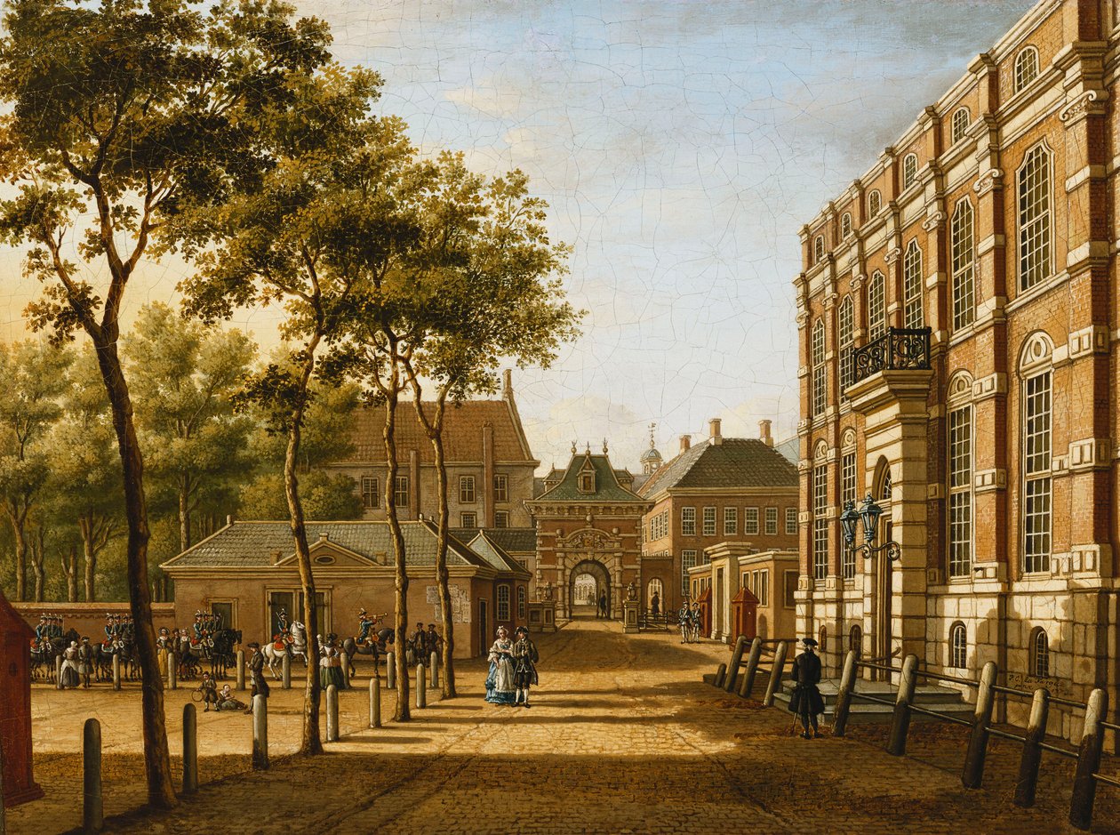 Haag: Mauritspoort og Binnenhof sett over Plein, 1773 av Paulus Constantijn la Fargue