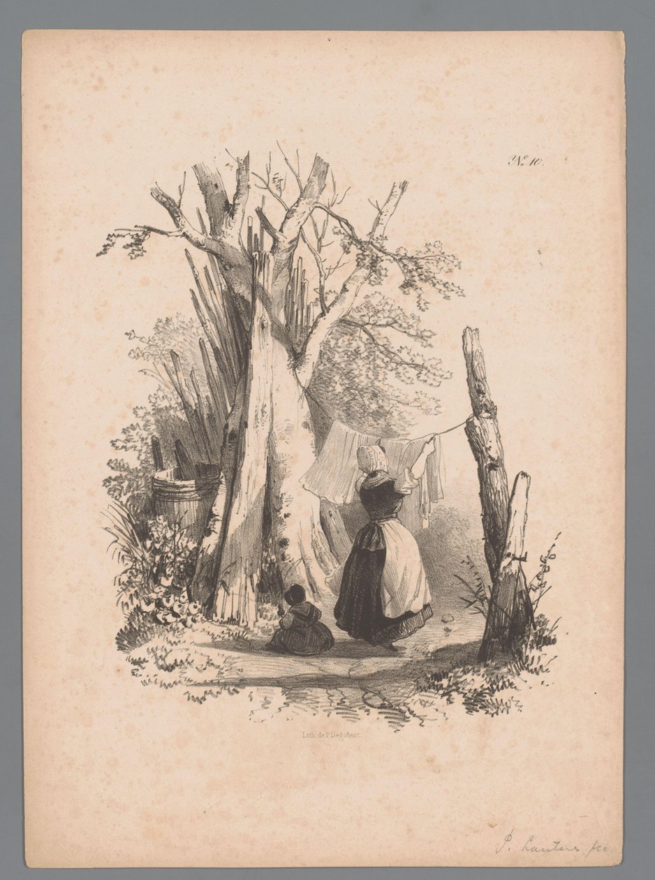 Landskap med en kvinne som henger opp klesvasken Landscape Studies av Paulus Lauters (serietittel) Nouvelle suite de 40 études de paysages av P. Lauters (serietittel) av Paulus Lauters (attributed to)