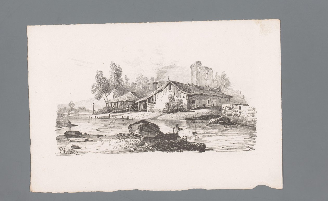 Utsikt over et hus som ligger ved en elv Prinsipper for landskap (serietittel) Principles de paysages (serietittel) av Paulus Lauters