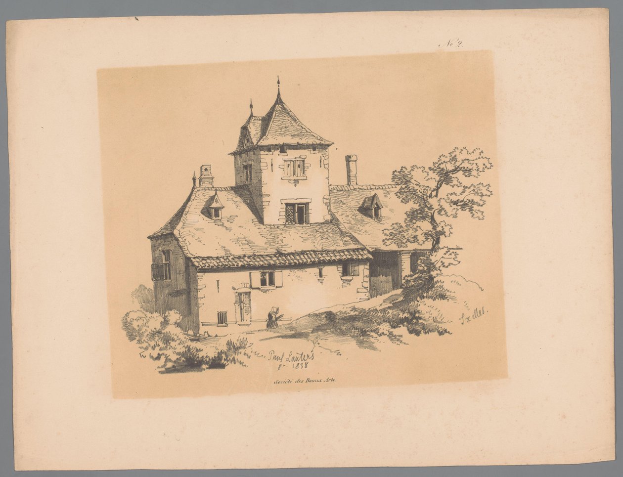 Utsikt over et landsted i Ixelles Ixelles (tittel på objekt) Pittoreske ansikter av Paulus Lauters (serietittel) Etrennes pittoresques pour 1839, par Lauters (serietittel) av Paulus Lauters