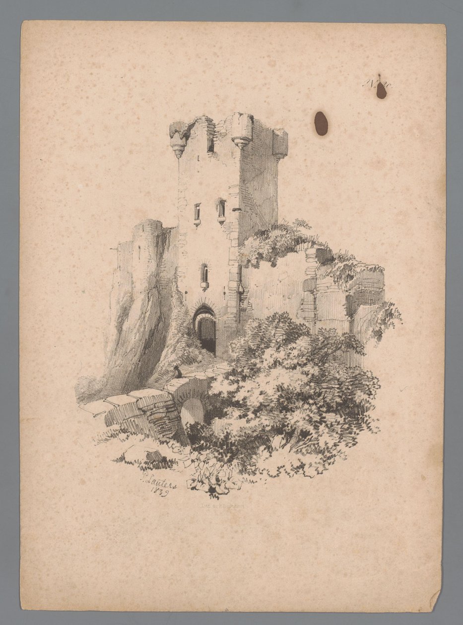 Utsikt over et ødelagt tårn med port Landscape Studies av Paulus Lauters (serietittel) Nouvelle suite de 40 études de paysages av P. Lauters (serietittel) av Paulus Lauters