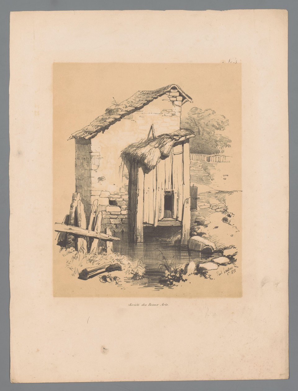 Utsikt over en låve på vannet Forêt (tittel på objekt) Pittoreske ansikter av Paulus Lauters (serietittel) Etrennes pittoresques pour 1839, par Lauters (serietittel) av Paulus Lauters