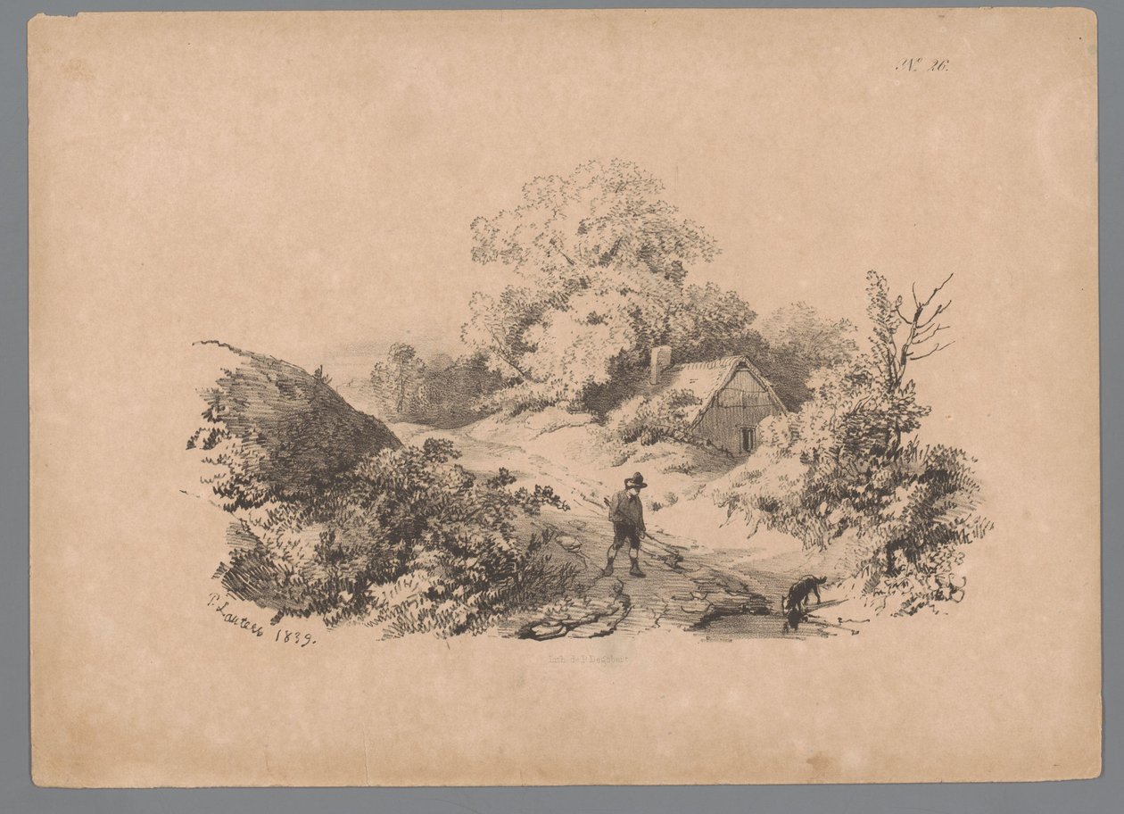 Landskap med mann og hund på landevei Landscape Studies av Paulus Lauters (serietittel) Nouvelle suite de 40 études de paysages av P. Lauters (serietittel) av Paulus Lauters