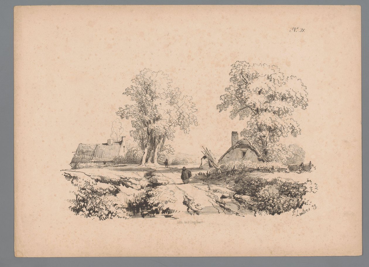 Landskap med to hus og to figurer på en vei Landscape Studies av Paulus Lauters (serietittel) Nouvelle suite de 40 études de paysages av P. Lauters (serietittel) av Paulus Lauters
