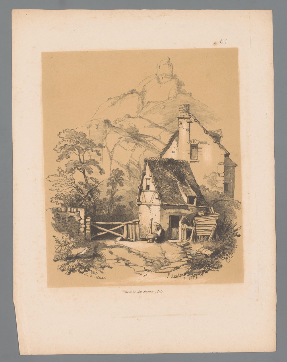 Meuselandskap med hus ved foten av et fjell med ruin på toppen Sur la Meuse (tittel på objekt) Pittoreske ansikter av Paulus Lauters (serietittel) Etrennes pittoresques pour 1839, par Lauters (serietittel) av Paulus Lauters
