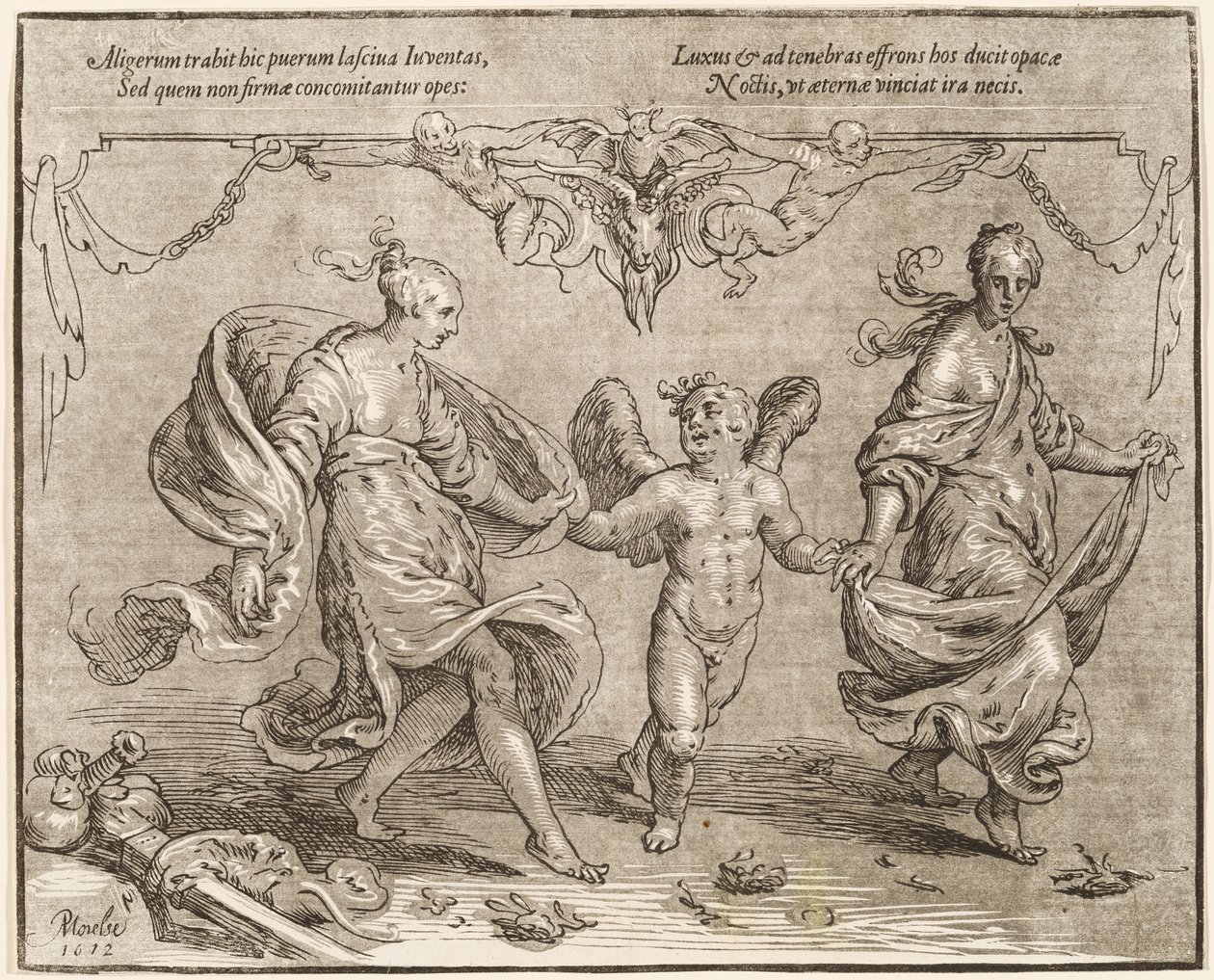 Amor danser med to allegoriske kvinner av Paulus Moreelse