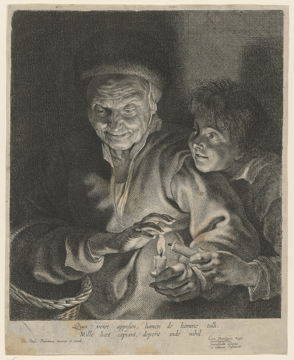Gammel kvinne og gutt med et lys av Paulus Pontius