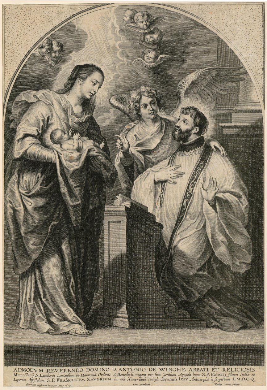 Madonna med barnet viser seg for den knelende den hellige Frans Xavier av Paulus Pontius