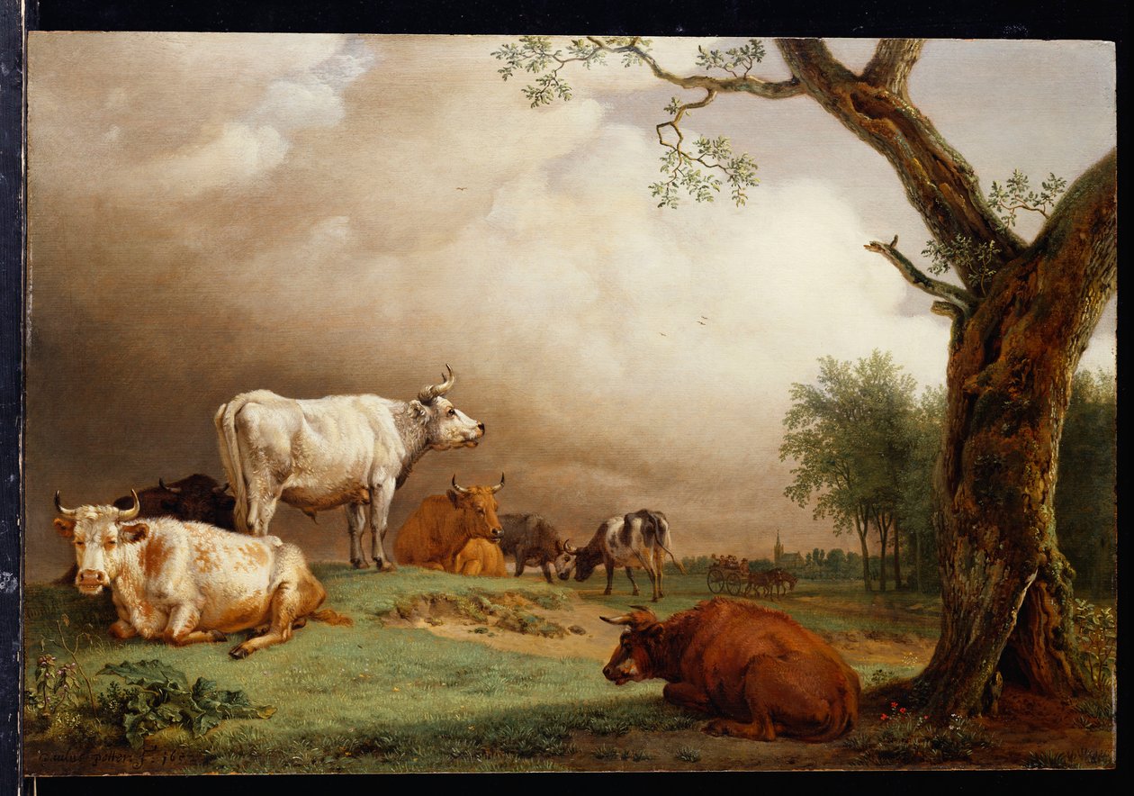 Storfe på en åker, med reisende i en vogn på et spor bortenfor og et kirketårn i det fjerne, en regnstorm nærmer seg, 1652 av Paulus Potter