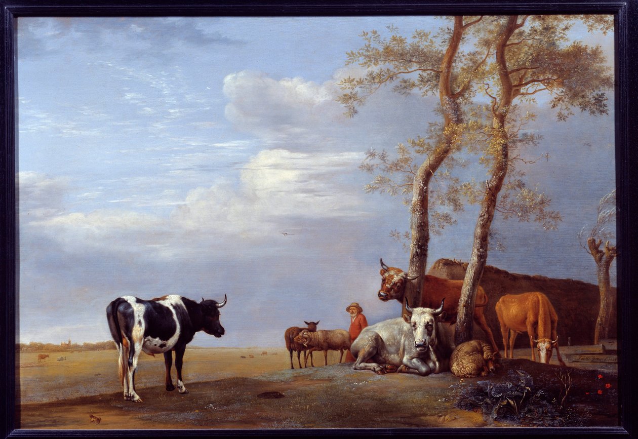 Landskap med bonde og dyr. Maleri av Paul Potter (1625-1654) Ec. Hol. av Paulus Potter