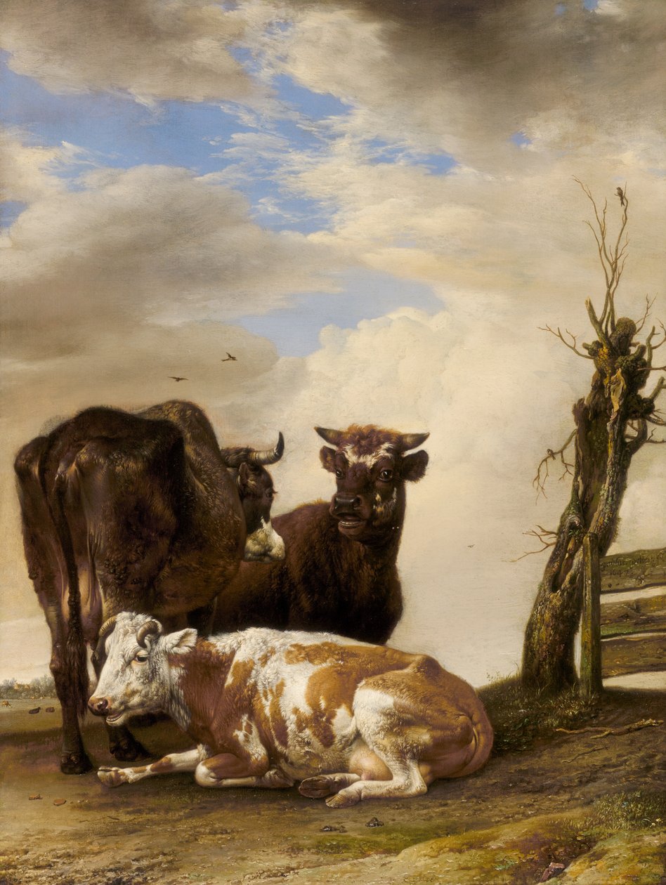 To kyr og en ung okse ved siden av et gjerde i en eng av Paulus Potter