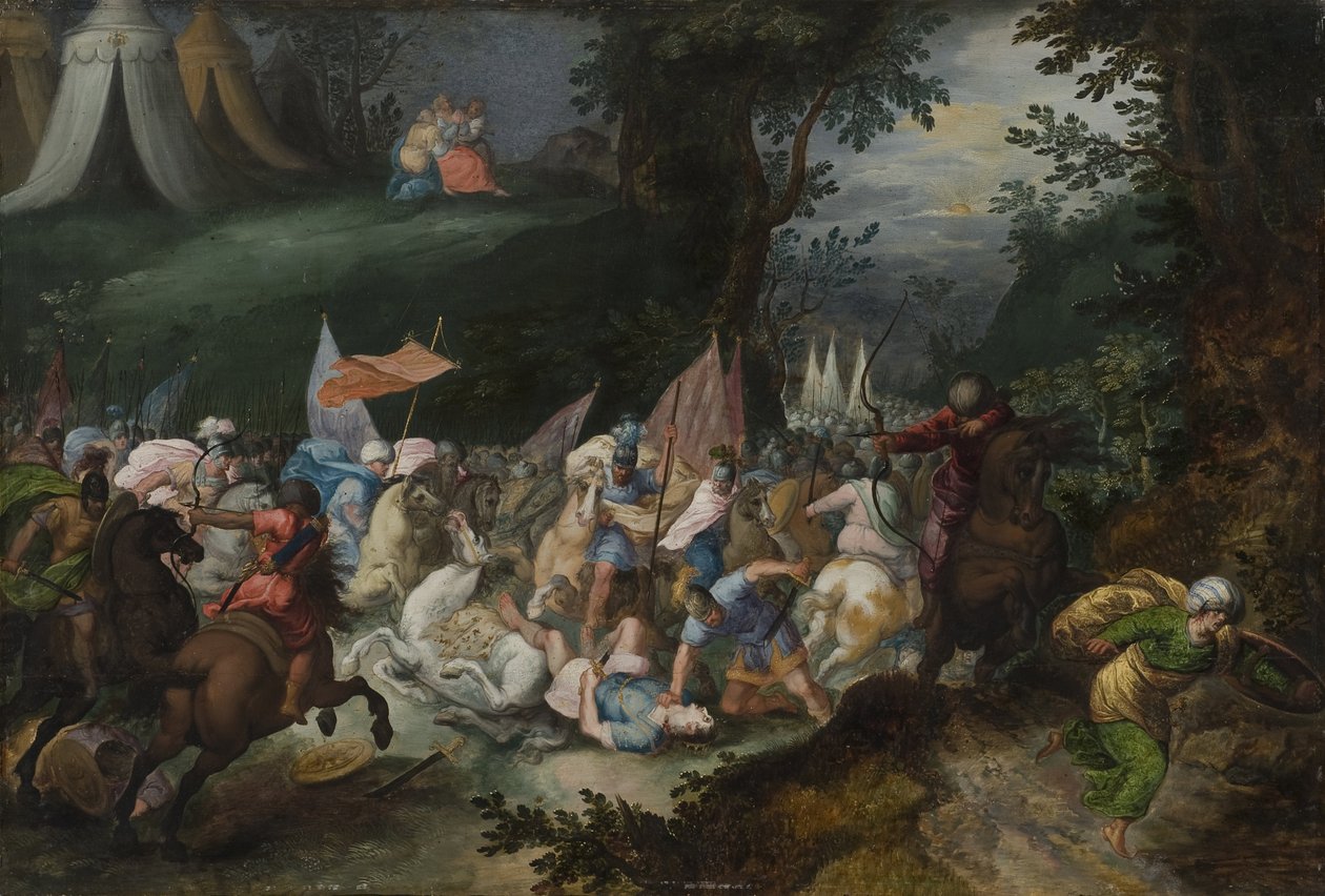 Bataille entre les Israelites et les Amalecites - Kamp mellom israelittene og amalekittene, av Casteels, Pauwels (aktiv ca 1649-1680). Olje på tre. Mål: 45x65 cm. Nationalmuseum Stockholm av Pauwel Casteels