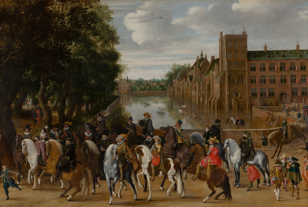 Prinsene av Orange og deres familier på hesteryggen, rir ut fra The Buitenhof, Haag, ca. 1621-22 av Pauwels I van Hillegaert