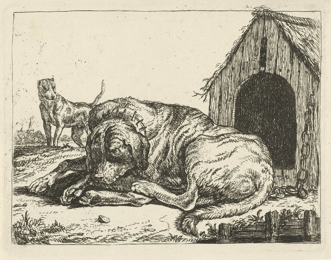 Liggende hund på en lenke Forskjellige hunder (serietittel) av Pauwels van Hillegaert