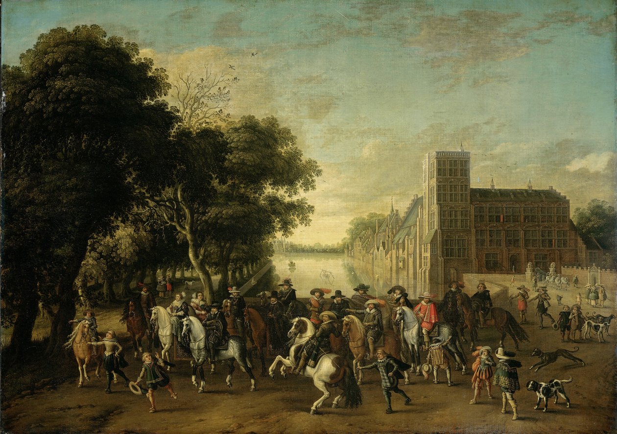 Prins Maurice av Orange akkompagnert av Frederick V og hans kone Elizabeth Stuart, konge og dronning av av Pauwels van Hillegaert