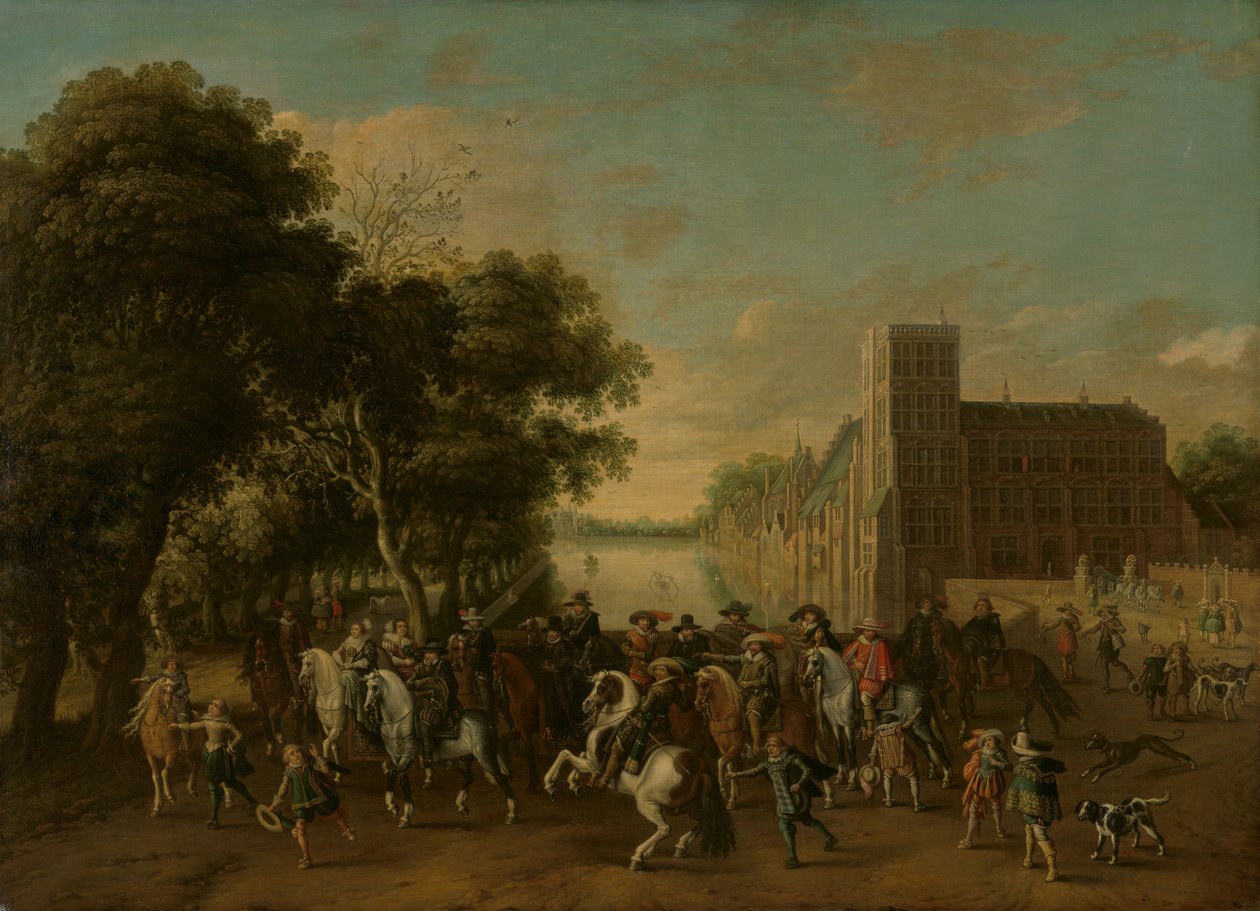 Prins Maurits, akkompagnert av prins Frederik Hendrik, Frederick V av Böhmen og hans kone Elizabeth Stuart, og andre, på Buitenhof, Haag av Pauwels van Hillegaert