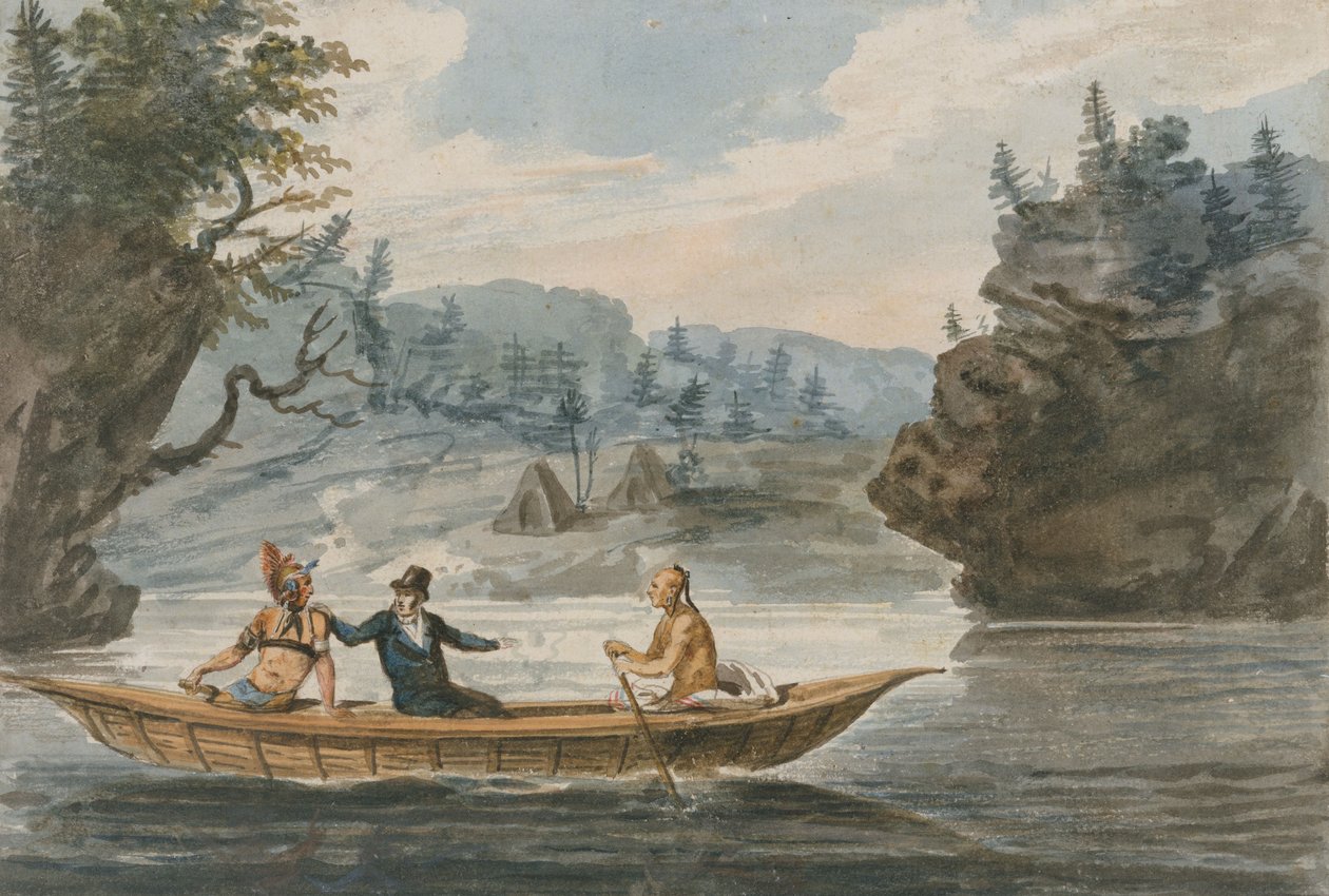 To indianere og en hvit mann i en kano, 1811-13 av Pavel Petrovich Svinin