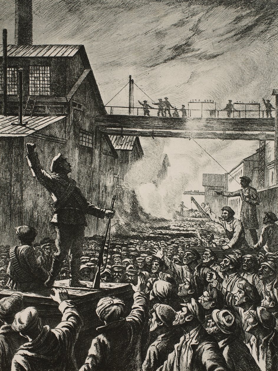 Julidagene i Petrograd: maskingeværere oppfordrer Putilov-arbeiderne til å støtte aksjonen mot den provisoriske regjeringen av Pavel Alexandrovich Shillingovsky