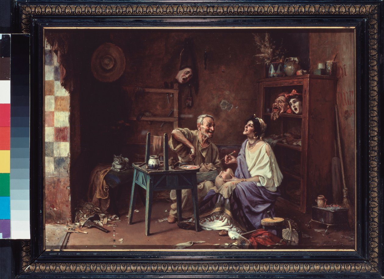 Atelier de masque (Maske Workshop) - Peinture de Pavel Alexandrovich Svedomsky (Svedomski) (1849-1904), olje på lerret av Pavel Alexandrovich Svedomsky
