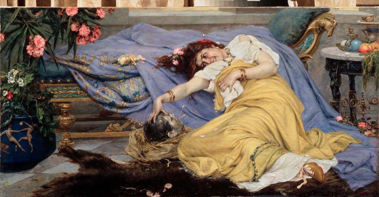 Fulvia (Fulvie Flacca Bambula, 77-40 av J-C) avec la tete de Cicero (Marcus Tullius Cicero av Pavel Alexandrovich Svedomsky