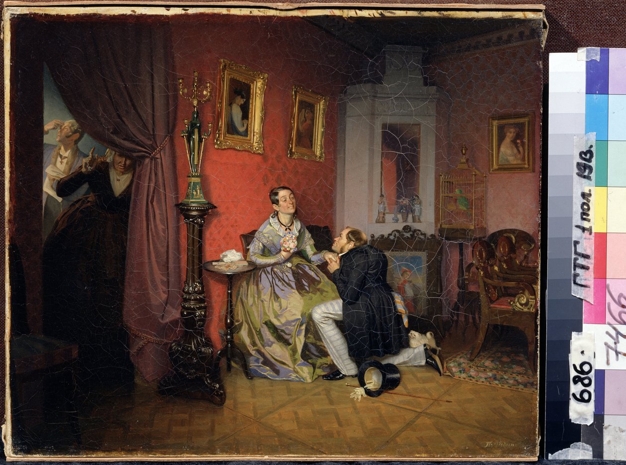 Den kompliserte bruden (Difficult Bride). Scene i et borgerlig interiør med en mann på knærne foran en kvinne, kanskje ber henne om å gifte seg med ham. To tjenere lytter til samtalen skjult bak et forheng. Maleri av Pavel Andreyevich av Pavel Andreevich Fedotov