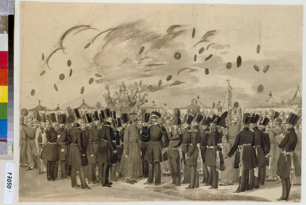 Le grand duc Michel Pavlovitch (1798-1849) visite le camp du regiment finlandais de la garde imperiale (ou Regiment de la Garde Finliandski), le 8 juillet 1837. (Grand Duke Mikhail Pavlovich Visiting the Camp of the Life Guard Finland Regiment on July 8    av Pavel Andreevich Fedotov