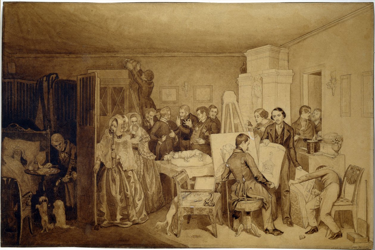 Konsekvensene av Fidelkas død - Verk av Pavel Andreyevich Fedotov (1815-1852), indisk blekk og sepia på papir av Pavel Andreevich Fedotov