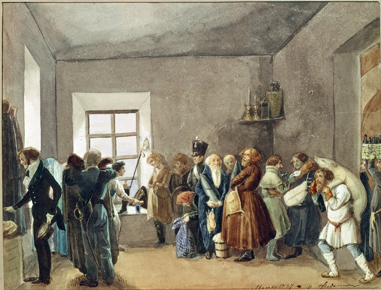 Mottaksrom til en politimester kvelden før en ferie. Verk av Pavel Andreyevich Fedotov (1815-1852), akvarell, blekk og blyant på papir av Pavel Andreevich Fedotov
