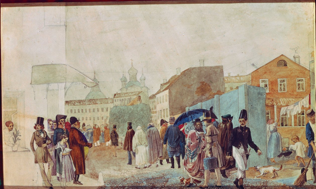 Gatebilde i regnet i Moskva. Verk av Pavel Andreyevich Fedotov (1815-1852), akvarell på papir av Pavel Andreevich Fedotov