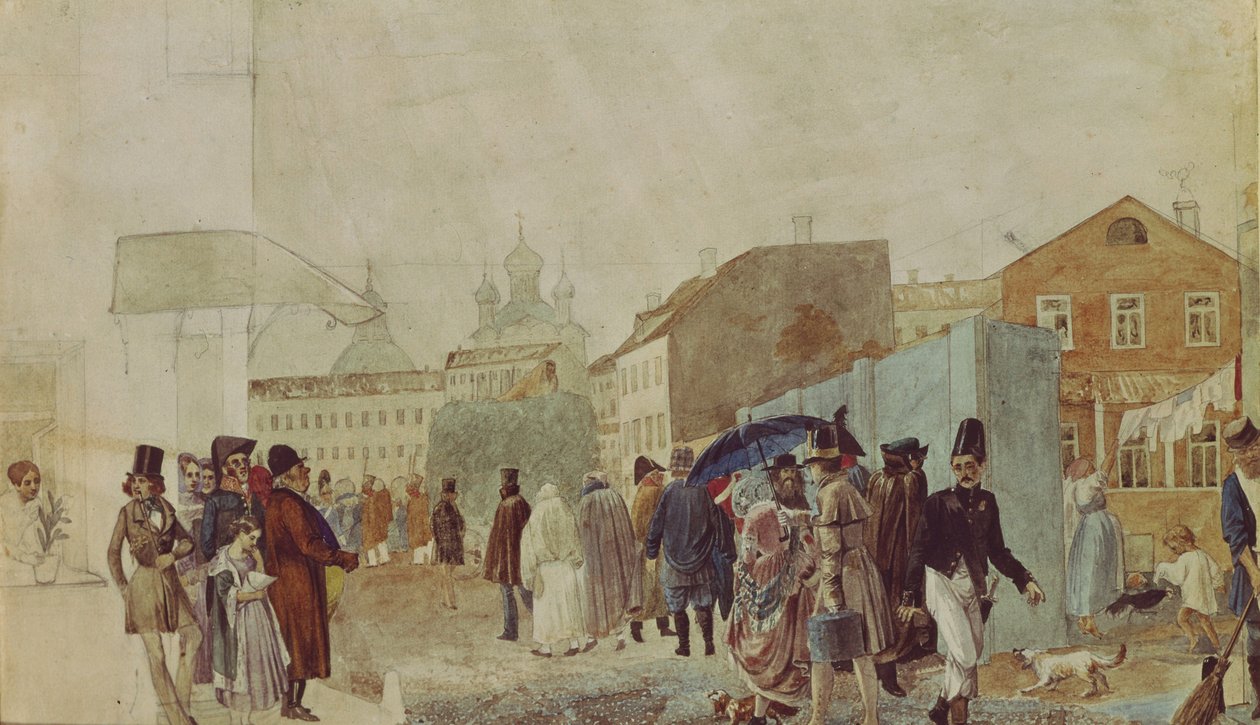 Gatescene i Moskva under regnet, 1837 av Pavel Andreevich Fedotov