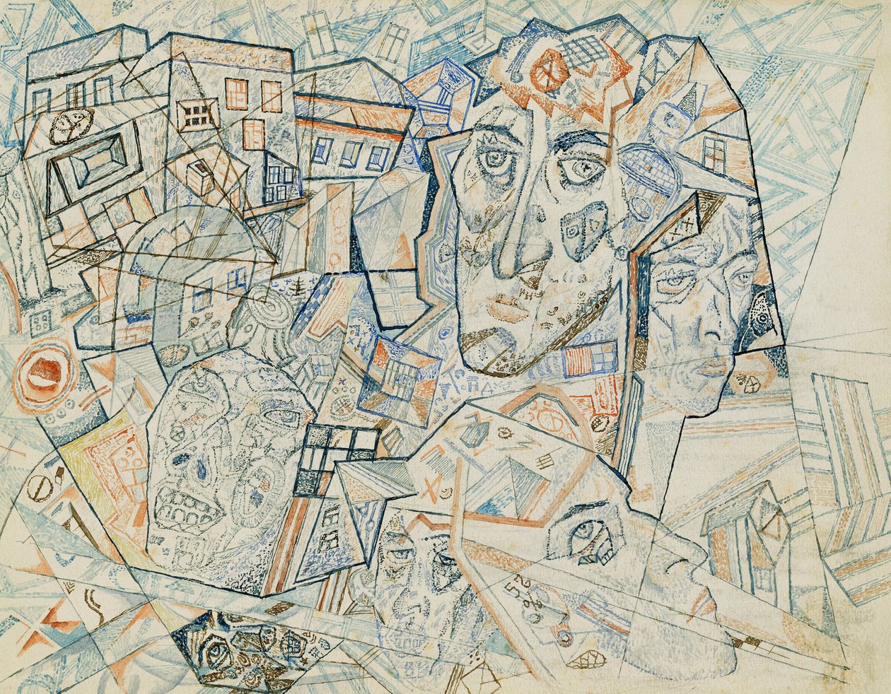 Faces in the City, ca. 1925 (akvarell og penn og blekk på papir) av Pawel Nikolajewitsch Filonow