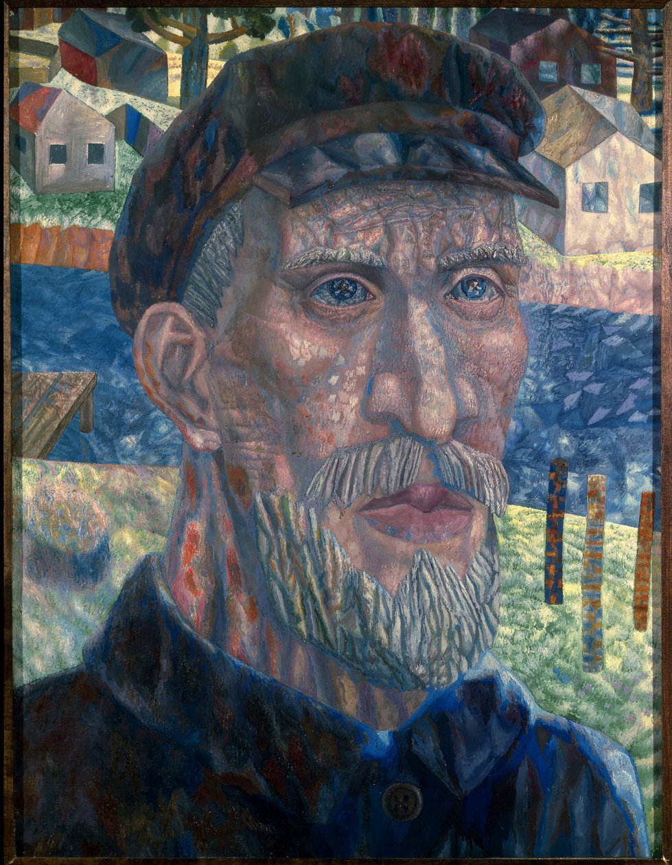 Medlem av en kolkhoz. (Medlem av Kolkhoz). Portrett av en bonde i USSR, i perioden med kollektiviseringspolitikk, ledet av regjeringen til Joseph Stalin (Stalin) (Joseph Vissarionovich Djougachvili dit) (1879-1953), fra 1928 til 1940. Maleri av Pawel Nikolajewitsch Filonow