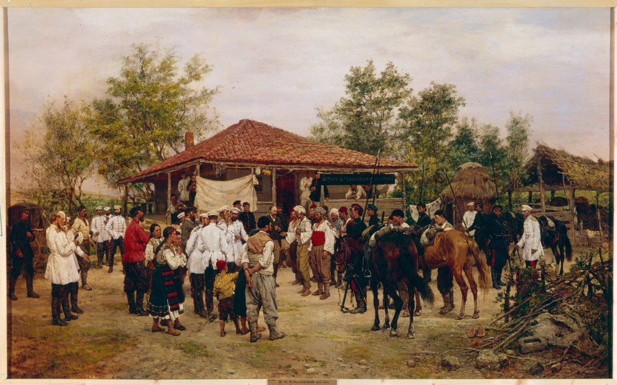 Russisk-tyrkisk (russisk-tyrkisk) krig 1877-1878: de tolv russiske hærkorpsene under slaget ved Shipka-passet i Bulgaria (Staben til 12 hærkorps i Bulgaria i 1877). Maleri av Pavel Osipovich Kovalevsky av Pavel Osipovich Kovalevsky
