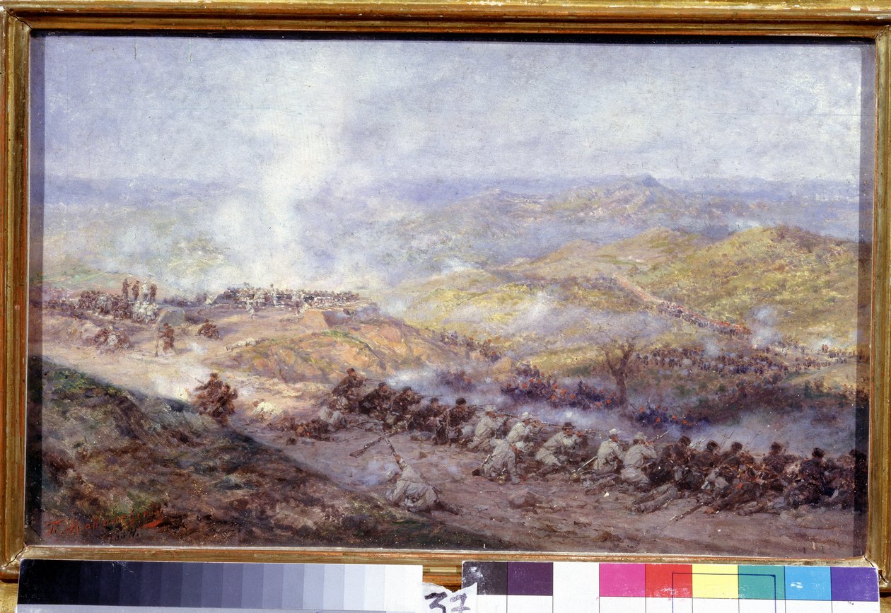En scene fra den russiske tyrkiske krigen (1876-1878) (A Scene of the Russo Turkish War). Slagmarken på Balkan, hvor soldatene fra den russiske hæren og Det osmanske riket kolliderer, under beleiringen av Pleven (eller Plevna, i Bulgaria), i 1877. Maleri av Pavel Osipovich Kovalevsky