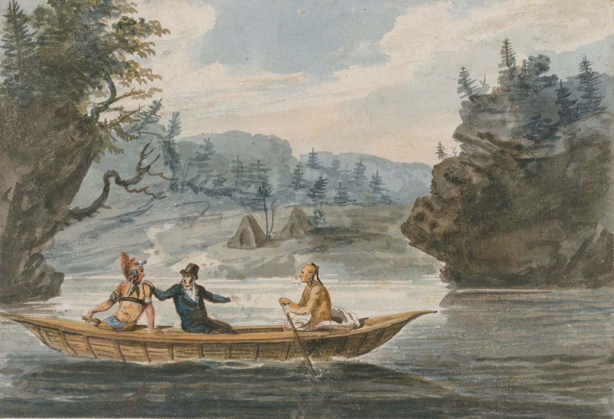 To indianere og en hvit mann i en kano, 1811-ca. 1813. av Pavel Petrovic Svin
