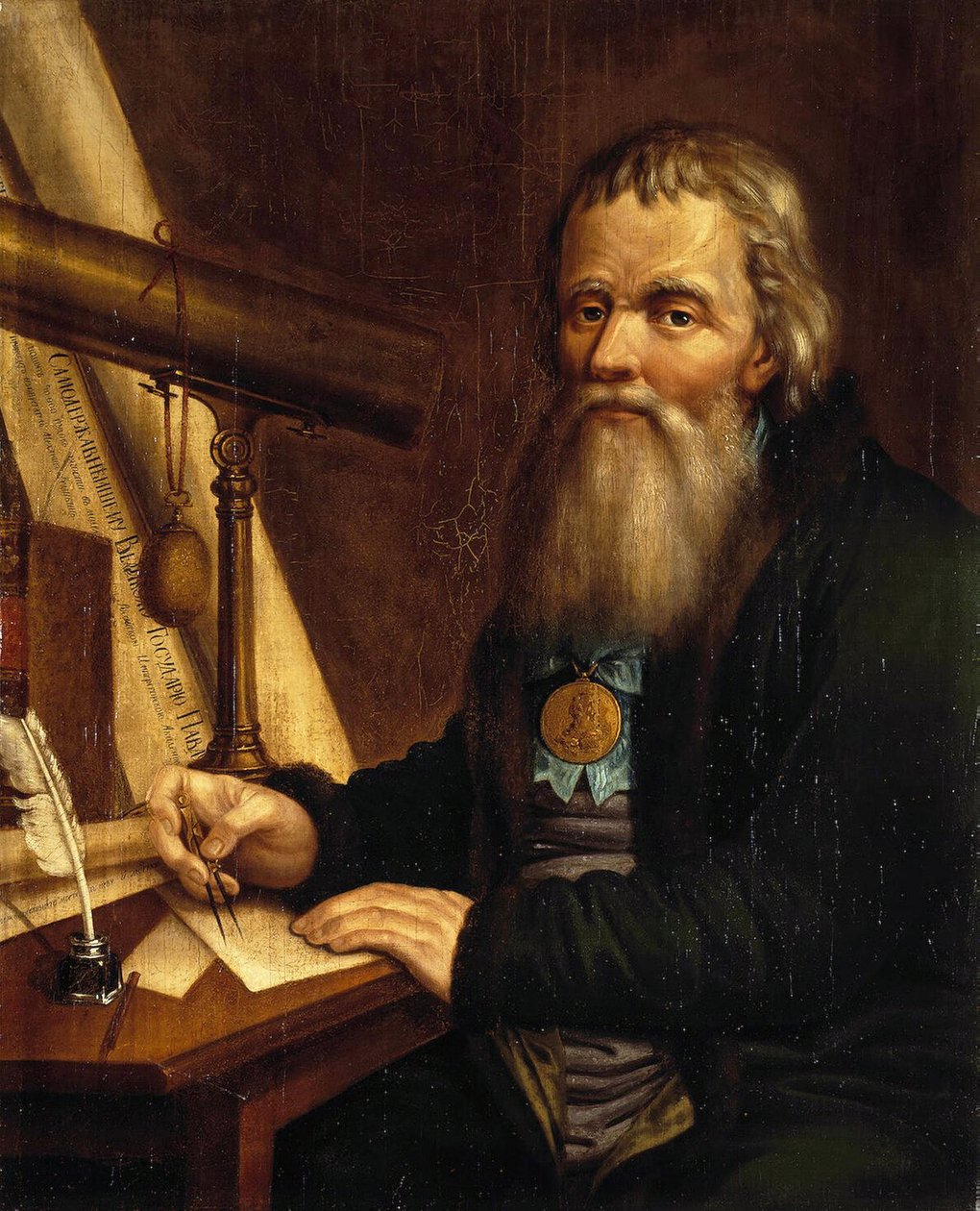 Portrett av Ivan Petrovich Koulibine (Kulibin) (1735-1818), russisk oppfinner og mekaniker, ved hjelp av et kompass (Portrett av mekanikeren og oppfinneren Ivan P. Kulibin). Maleri av Pavel Petrovich Vedenetsky (1766-1847) av Pavel Petrovich Vedenetsky