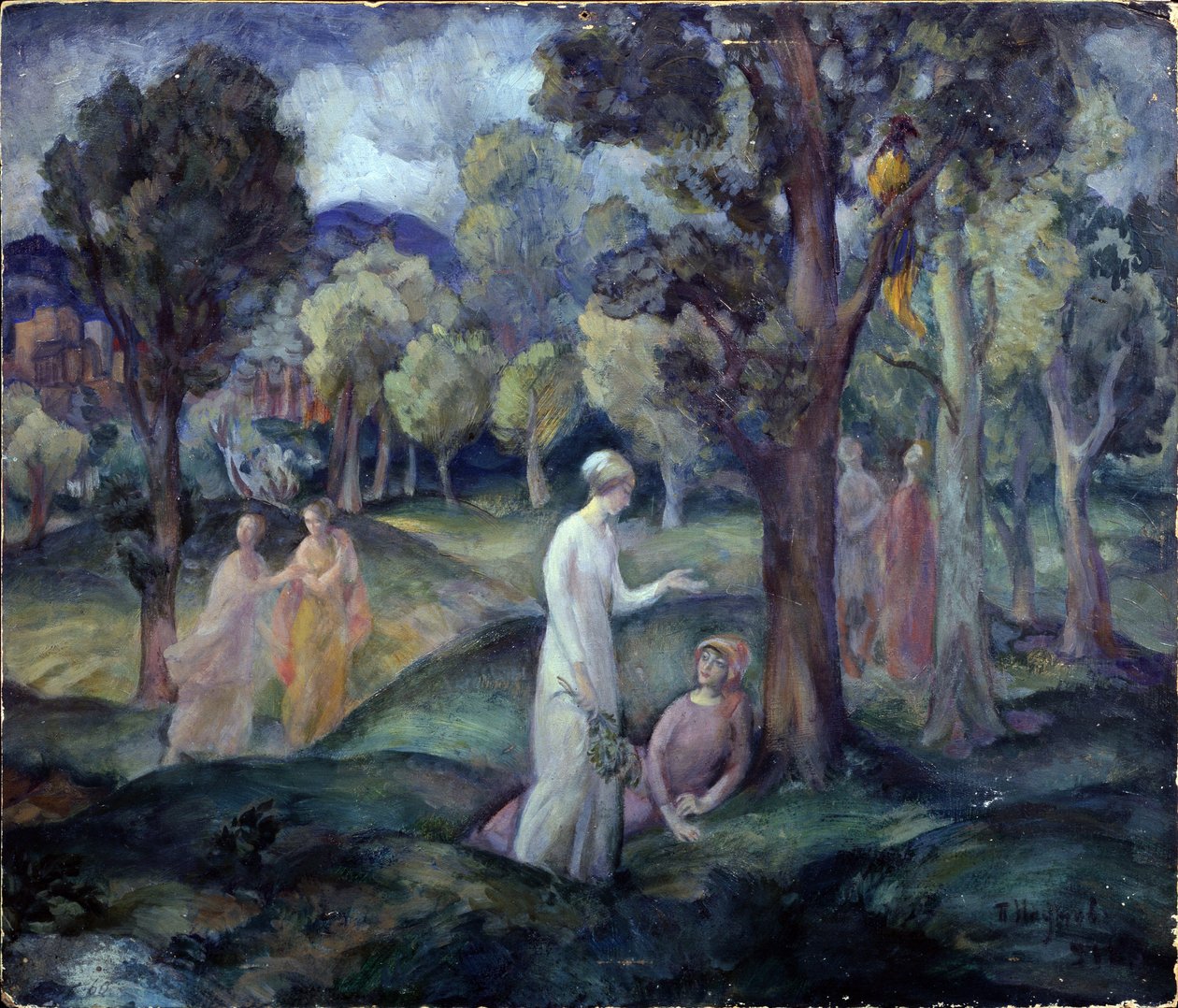 En tur gjennom jorder. (A Walk Through The Fields). Fritidsscene, unge kvinner mellom trærne i åsene. Verk av Pavel Semyonovich Naumov (1884-1942), olje på papp av Pavel Semenovich Naumov