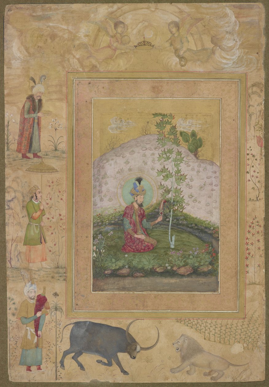 Humayun Seated in a Landscape, fra avdøde Shah Jahan Album, frittstående albumfolio, ca. 1650 av Payag
