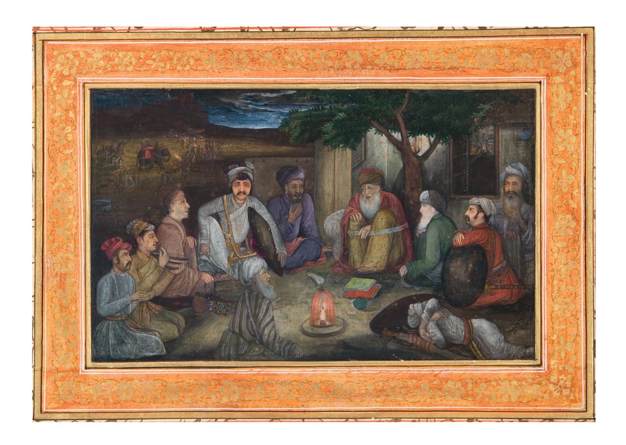 Reisende samlet om natten, ca. 1640 (ugjennomsiktig wc og gull på papir) av Payag