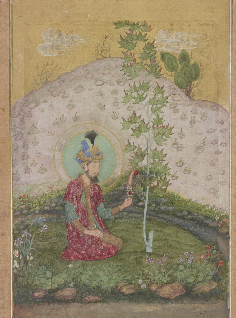 Detalj av Humayun sittende i et landskap, fra Late Shah Jahan Album, ca. 1650 (wc, blekk og gull på papir) av Payag