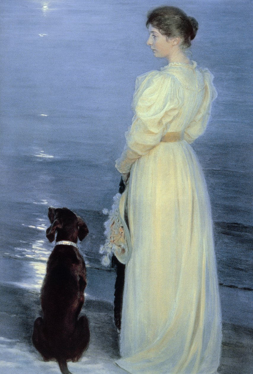 Sommerkveld på Skagen, Kunstnerfruen med en hund på stranden, 1892 av Peder Severin Krøyer
