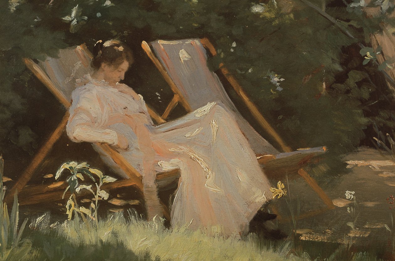 Kunstnerens kone sitter i en hagestol på Skagen, 1893 av Peder Severin Krøyer