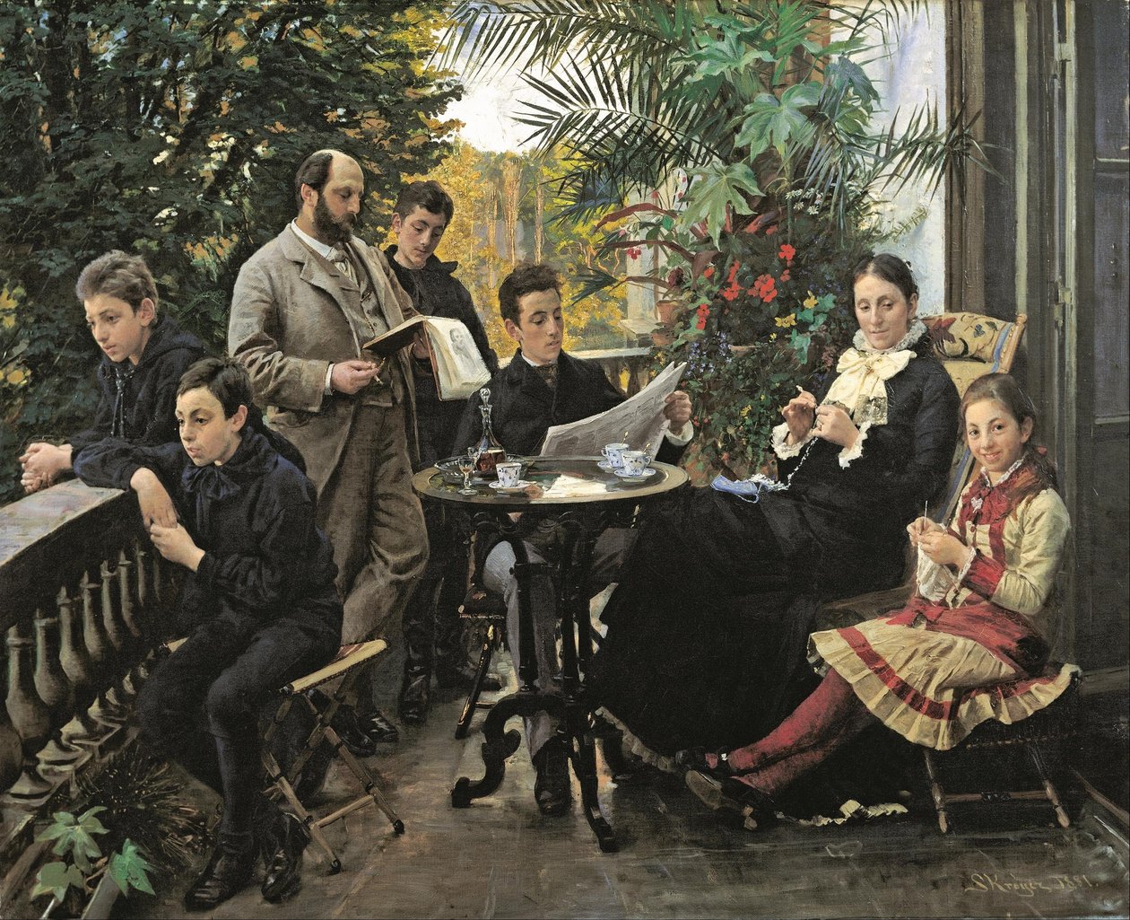 Hirschsprung -familiens portrett. Fra venstre Ivar, Aage, Heinrich, Oscar, Robert, Pauline og Ell ... av Peder Severin Krøyer