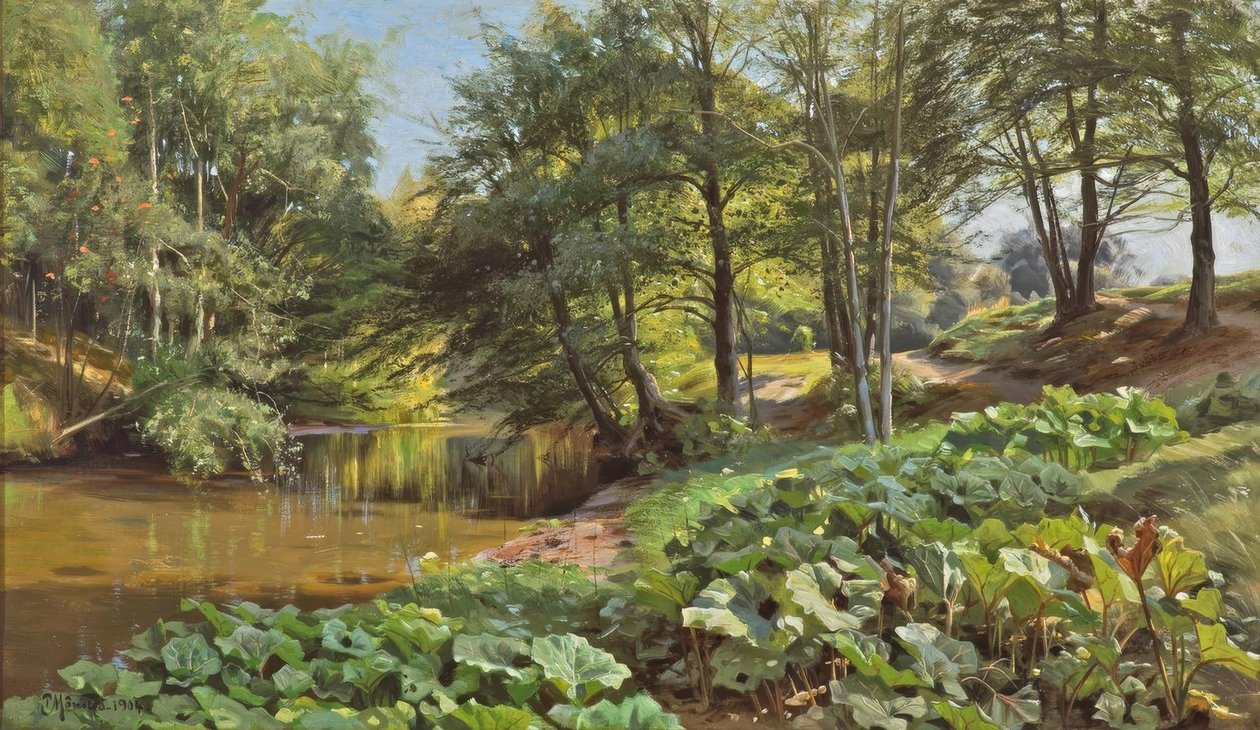 P.Mönsted, solrik maidag ved skogsbekken av Peder Monsted
